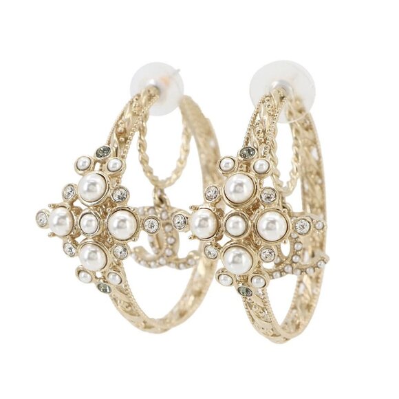 CHANEL Coco Logos Rhinestones Pearl motif Earrings Gold White - Picture 1 of 13